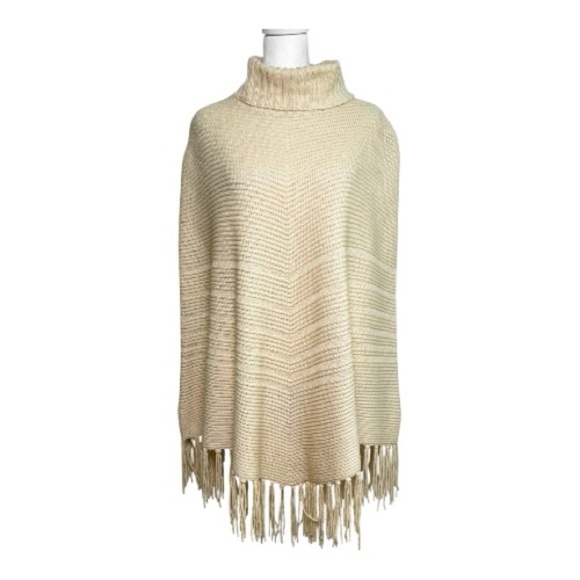 Talbots Sweaters - TALBOTS 100% Wool Ivory Cream Turtleneck Poncho with Fringe Made in Japan S/M